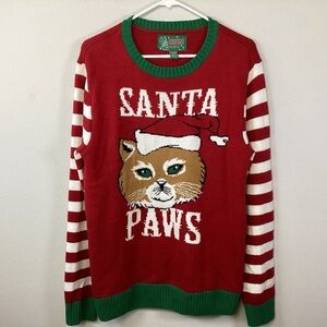 Ugly Christmas Sweater Santa Paws Size Medium Knit Red Green Cat Sweater Holiday